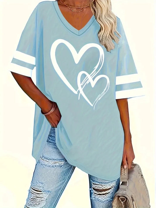 Camiseta informal de manga corta con estampado de corazones y rayas, talla grande 2024, para primavera y verano, ropa de talla grande para mujer 