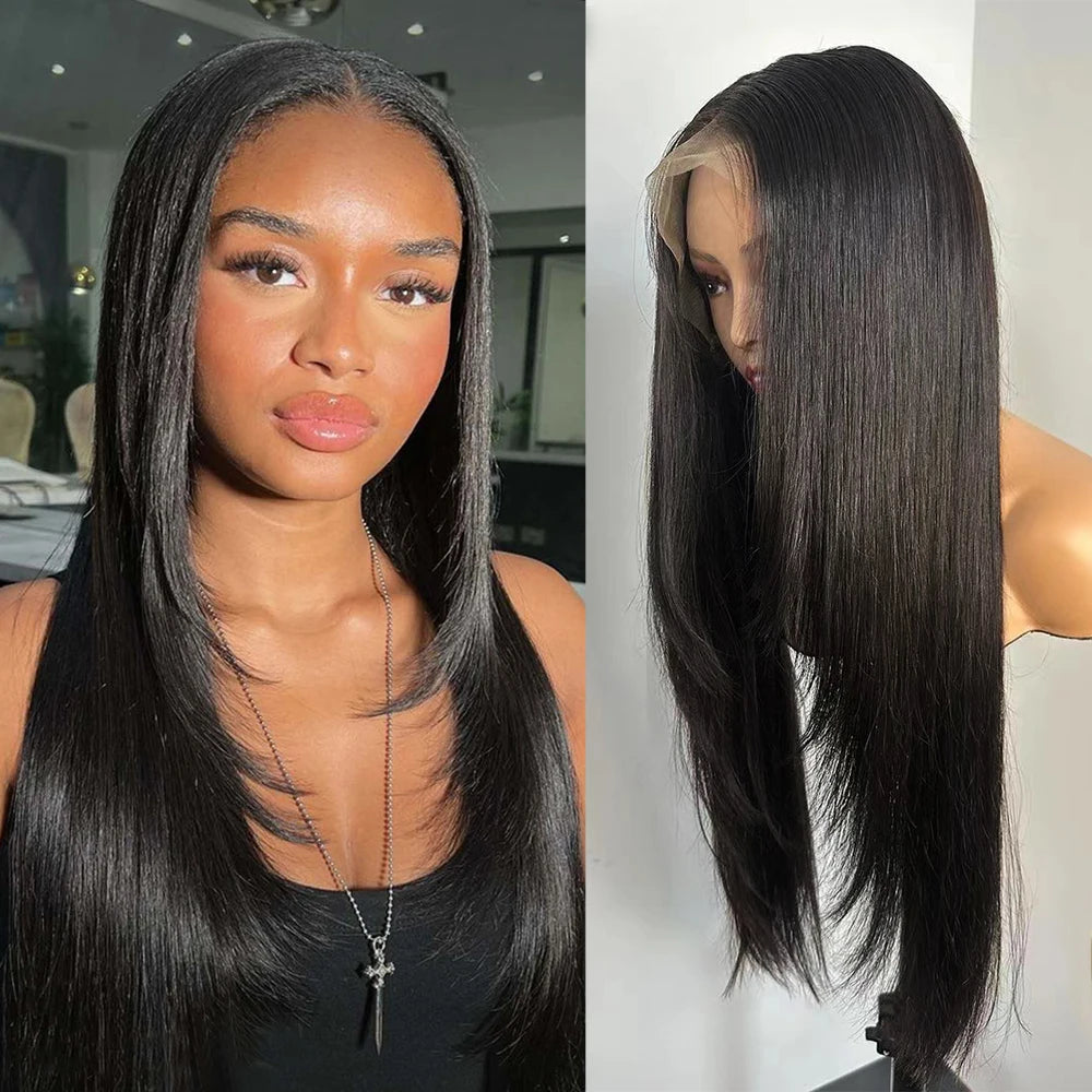 RONGDUOYI Pink Layered Haircut Straight Lace Front Wigs Natural Long Straight Cosplay Heat Fiber Synthetic Wig Purple