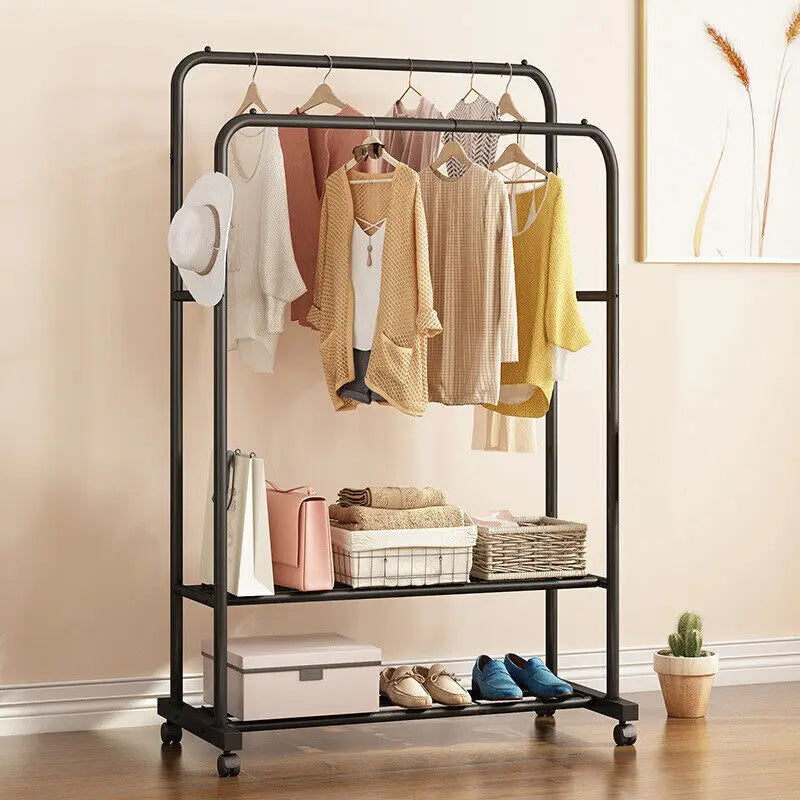 Perchero con ruedas para colgar ropa y tela con estantes de almacenamiento de 2 niveles