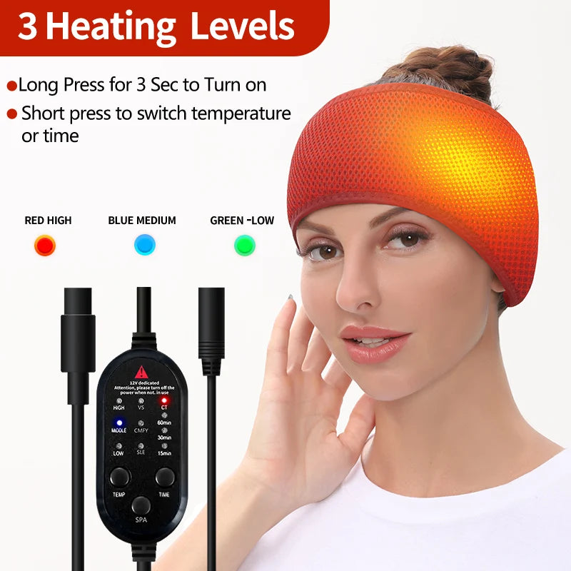 Electric Heating Head Wrap Headache Relief Headband Heated Head Belt Scalp 3 Temperature Levels for Migraines Relaxing