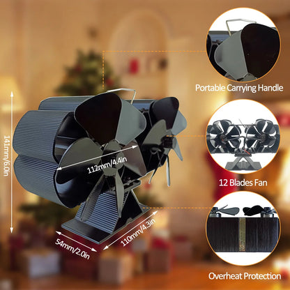 Ventilador de estufa de leña con motor silencioso doble alimentado por calor, 6 aspas, ventilador de chimenea no eléctrico activado por calor con soporte y calentador magnético