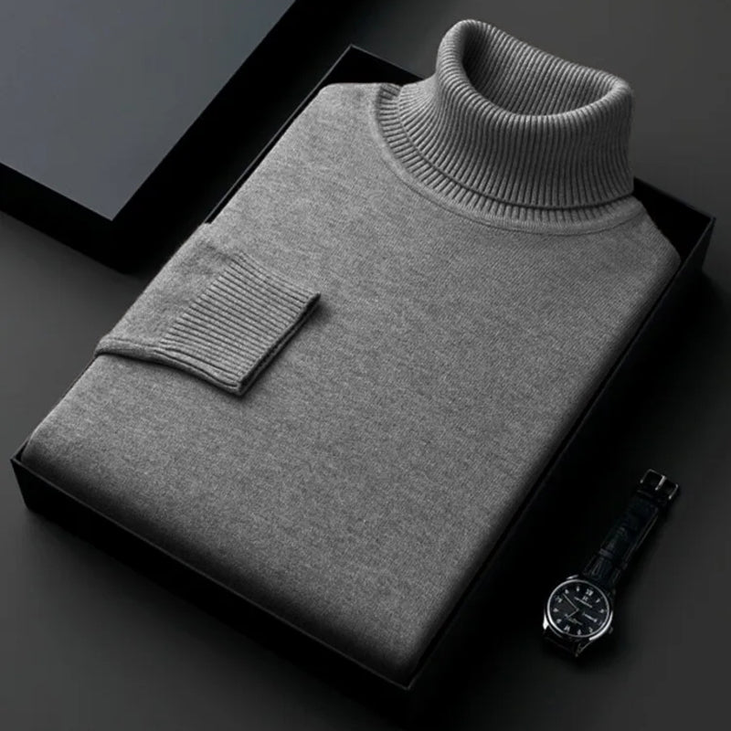 Suéter de cuello alto de punto de alta calidad para hombre, antibolitas, ajustado, de manga larga, color liso, tendencia