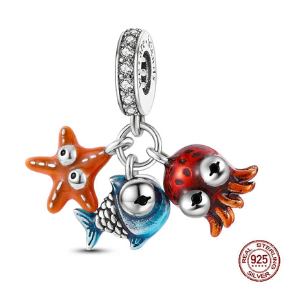 Ocean Series - Original Genuine 925 Sterling Silver Turtle Crab Mermaid Charm Beads Suitable for 3mm Bracelet DIY Making Pendant