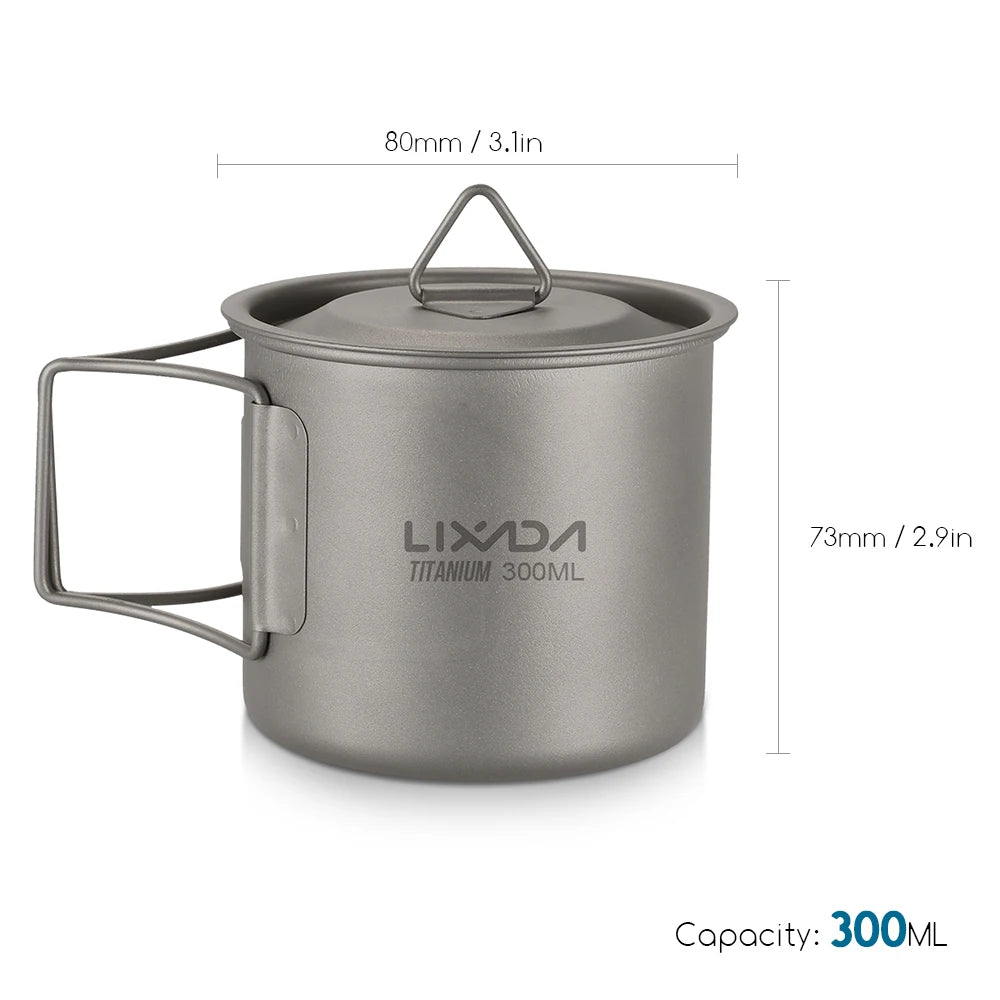 Taza de agua ultraligera de titanio Lixada con asa plegable, portátil para exteriores, camping, picnic, 300 ml/350 ml/550 ml/650 ml