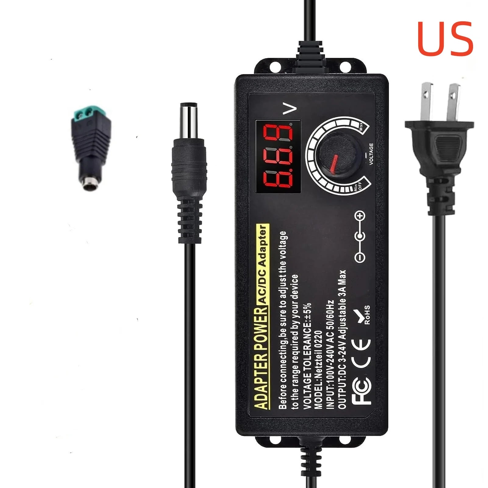 AC to DC Power Supply Adjustable Laboratory Supply Power Source 3V-24V-3A Portable Universal Adapter EU/US Plug Alligator Clip