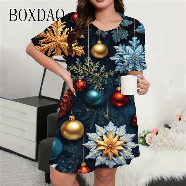 Vestido mini con estampado navideño para mujer, cuello redondo, manga corta, corte A, suelto, talla grande, ropa informal de verano, moda 9XL 