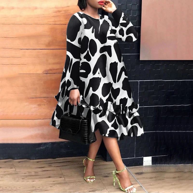 Plus Size 5XL VONDA Women Elegant Midi Dress 2024 Bohemian Printed Sundress Autumn Long Sleeve Casual Loose Robe Femme Vestidos