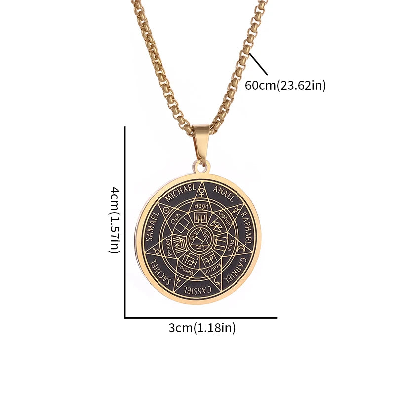 Collar con colgante de brújula de los siete arcángeles de Salomón, de acero inoxidable, estilo retro, amuleto de la suerte para hombre.