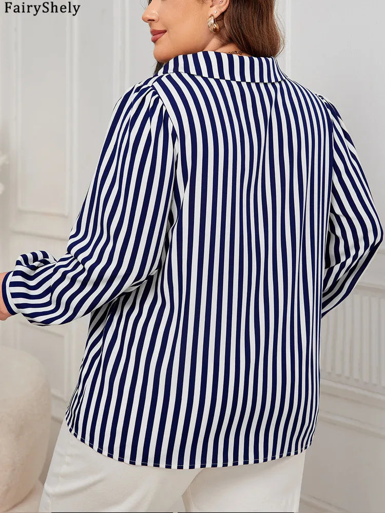 Fairyshely Spring Woman Stripe Print Plus Size Shirt Lady Long Sleeve Large T-shirt Autumn Elegant Loose Curvy Pullover Tops
