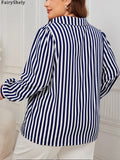 Fairyshely Spring Woman Stripe Print Plus Size Shirt Lady Long Sleeve Large T-shirt Autumn Elegant Loose Curvy Pullover Tops
