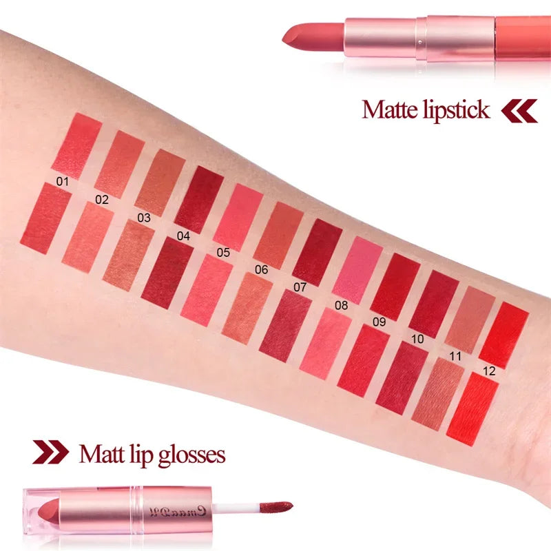 Caneta de revestimento labial dupla, pigmento fosco, copo antiaderente, cor da pele, 24H duradoura, maquiagem à prova d'água, cosméticos de beleza, 2 em 1