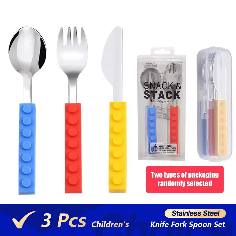 3pcs Stainless Steel Dinnerware Children Western Cutlery Set Knife Fork Spoon Dinner Tableware Silicone Building Blocks Handle