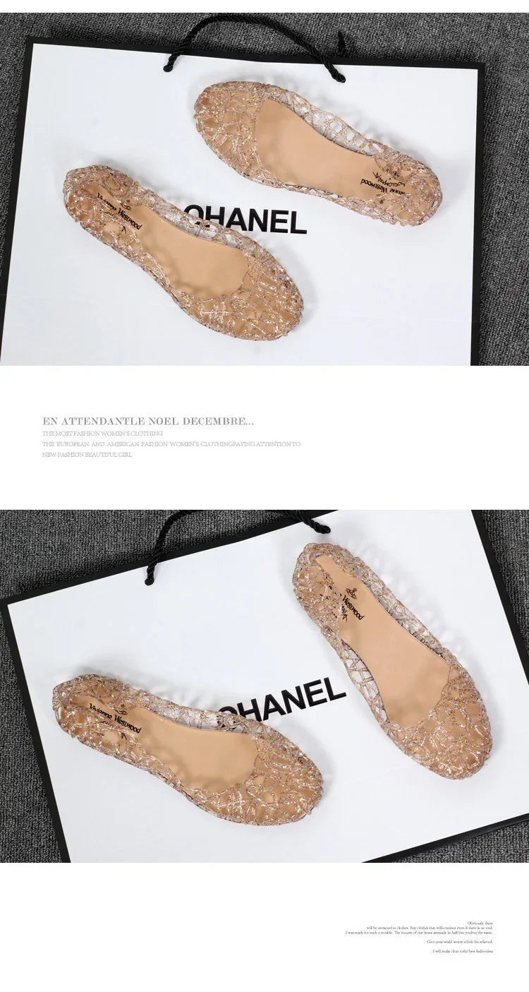Women's Flat Bottom Plastic Jelly Sandals Hollow out Slip-On Beach Shoes Comfortable Lightweight Summer Footwear