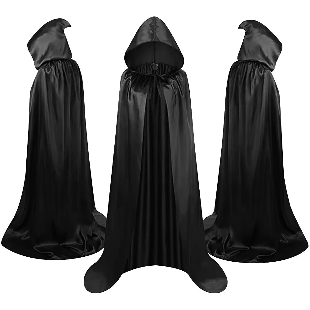 Capa de Halloween Unissex Preta com Capuz – Estilo Bruxa/Mago, Longa e Macia – Ideal para Cosplay, Fantasias, Festas, Apresentações e Decoração