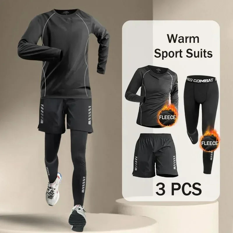 Conjuntos de running para hombre, de invierno, para exteriores, de 2 a 5 piezas, para fitness, trotar por la mañana, deportes, secado rápido, resistente al viento, ciclismo, entrenamiento, chándal