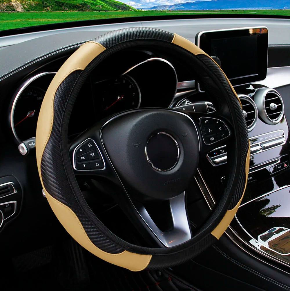 PU Carbon Fiber Leather Car Steering Wheel Cover without Inner Ring Suitable for 14.5-15 Inches Auto Supplies