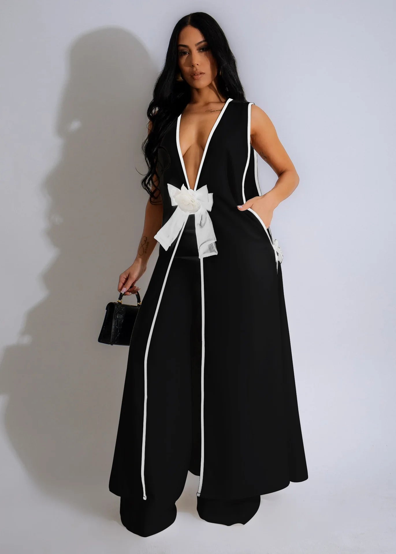 Two Piece Set Women Tracksuit Spliced Vest Pant Sets Elegant High Street Work Ankle Length Wide Leg Pants Loose Matching Sets