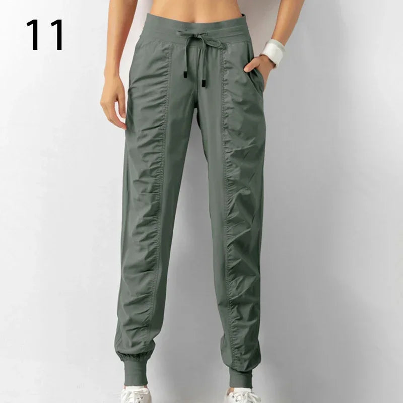 Sweatpants Fabric Drawstring Running Sport Joggers Women Quick Dry Athletic Gym Fitness with Two Side Pockets Exercise Pants