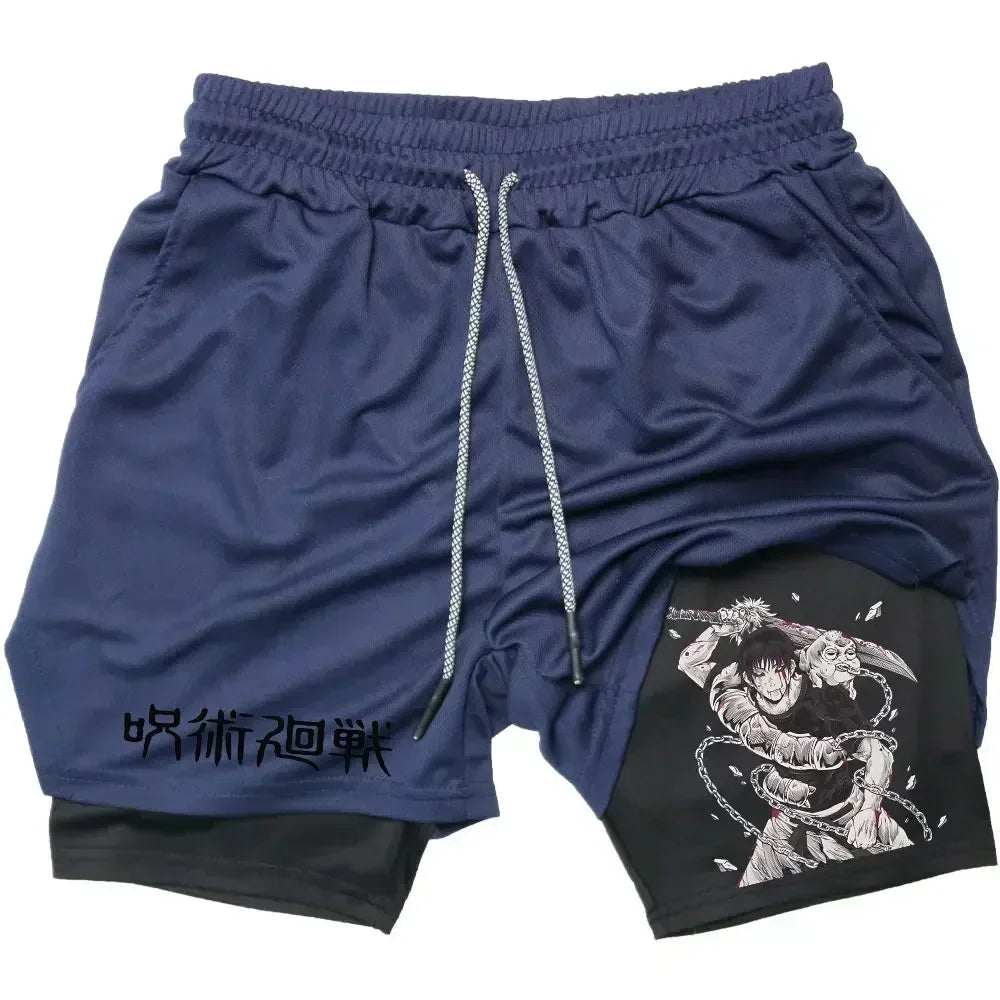 Men's Sports Shorts Anime Performance Shorts Printed Men GYM Casual Sport Compression Shorts Workout Running Mesh 2 in 1 Shorts