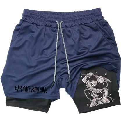 Men's Sports Shorts Anime Performance Shorts Printed Men GYM Casual Sport Compression Shorts Workout Running Mesh 2 in 1 Shorts