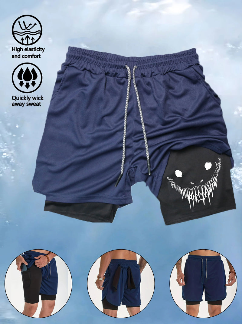 Men's 2-in-1 Fitness Training Sports Running Shorts Double Layer with Pocket Quick Dry Breathable Adjustable Drawstring Belt