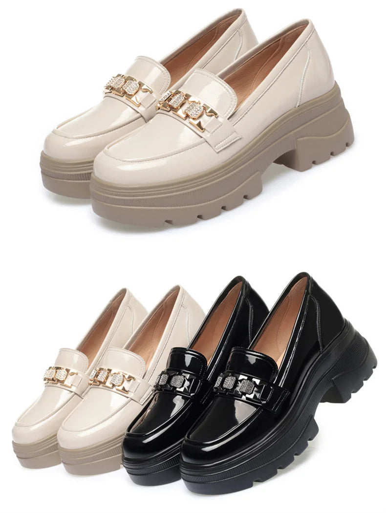 5.5cm British Style Thick Bottom Patent Leather Loafers Women's Platform Shoes 2024 Spring Shallow Block Heels Shoes Office