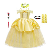 Girls Belle Cosplay Costumes Girls Dresses for Beauty Kids Party Clothing Magic Stick Crown Children Yellow Dress and The Beast