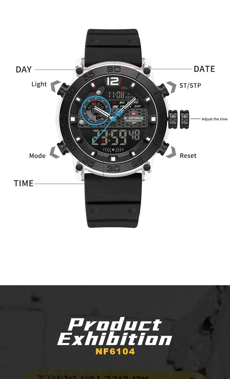 NAVIFORCE NF6104 Men's Lightweight Sports Wrist Watch Dual Display Time Night Light Watches Boy's Quartz Stopwatch