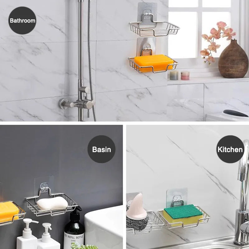Jabonera de acero inoxidable para baño, soporte de pared sin perforaciones, bandeja para esponja de cocina, organizador, jabonera adhesiva para ducha