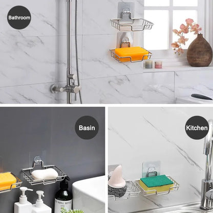 Jabonera de acero inoxidable para baño, soporte de pared sin perforaciones, bandeja para esponja de cocina, organizador, jabonera adhesiva para ducha
