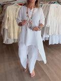 Women's Long-sleeved Cotton and Linen Suit, Pure Color, Casual, Europe and the United States, Beyond Borders, New, Summer, 2024 