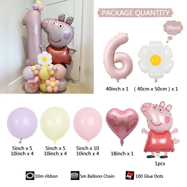 Peppa Pig Foil Balloon, Pink Number, Daisy Heart, Macaron Latex Globos for Girl, Birthday Party Decoration, 40", 39Pcs 