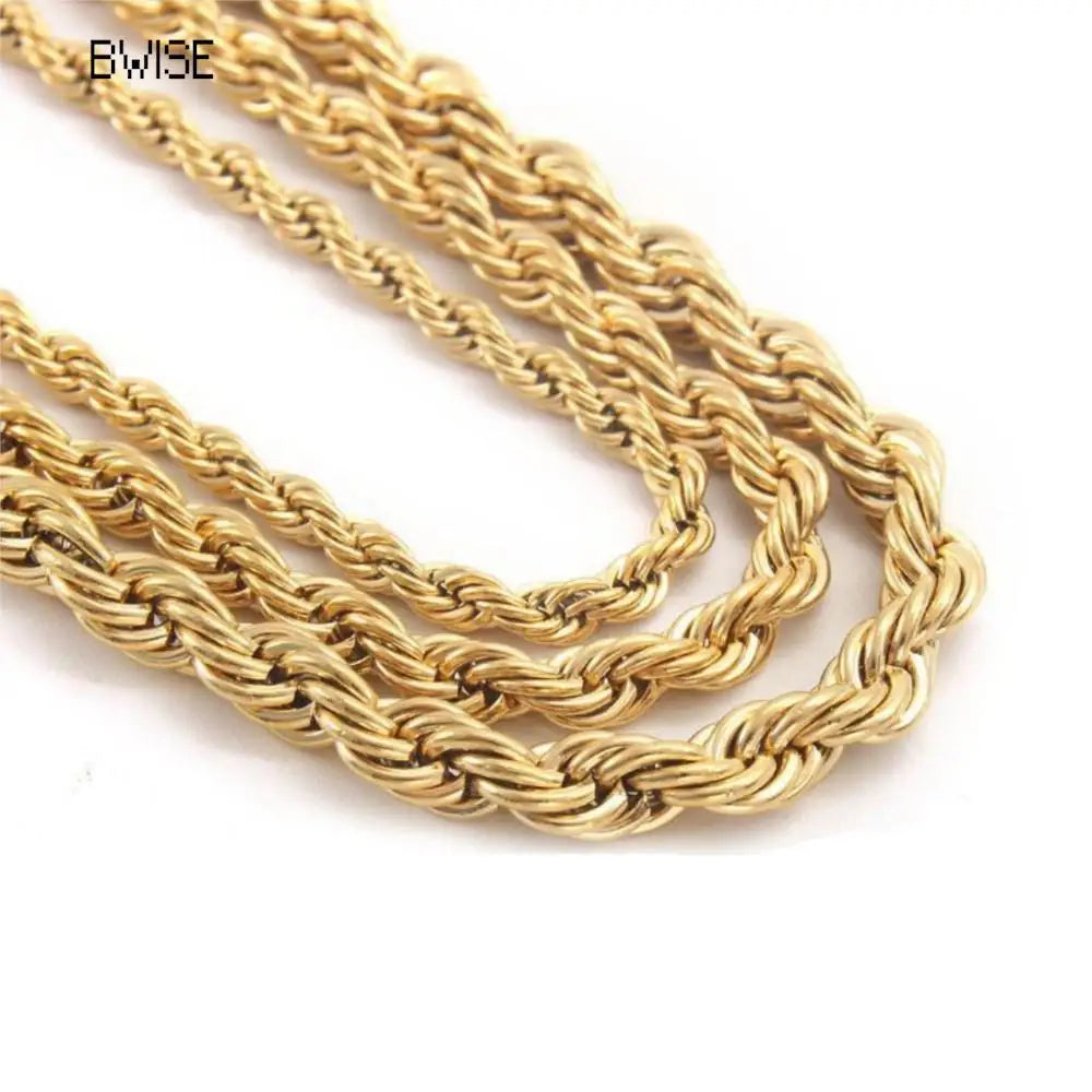 Bwise 3/4mm 316L Rope Chain Necklace Stainless Steel Never Fade Choker Waterproof Men Women Jewelry Gold Color Chains Gift