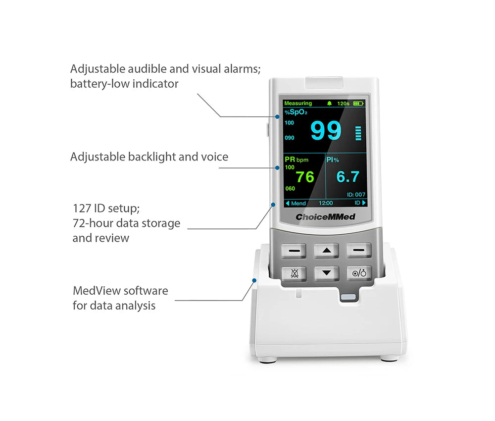 Oxímetro de pulso portátil recargable ChoiceMMed Medical, monitor de salud SPO2 PI PR para adultos, niños, bebés y recién nacidos.