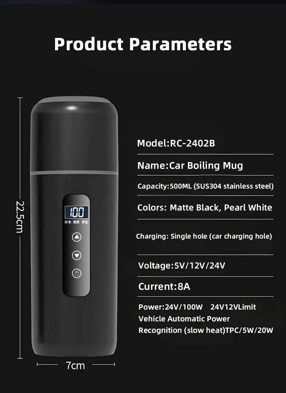 Hervidor eléctrico portátil para coche, 12 V, 24 V, 500 ml, para viaje, con aislamiento inteligente de acero inoxidable y pantalla OLED