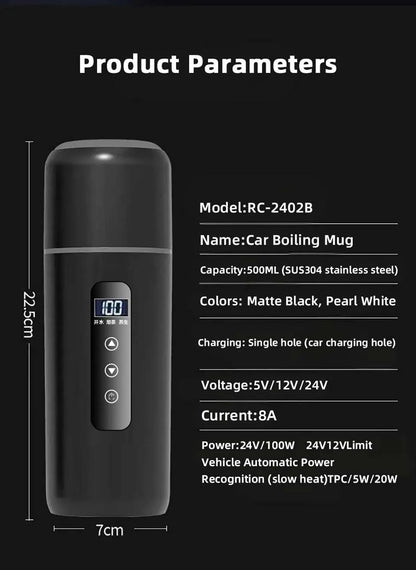 Hervidor eléctrico portátil para coche, 12 V, 24 V, 500 ml, para viaje, con aislamiento inteligente de acero inoxidable y pantalla OLED