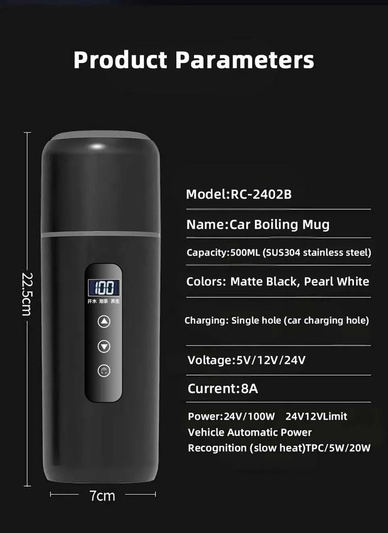 Electric kettle 12V 24V portable car heating cup 500 ml travel heating smart stainless steel insulation artifact OLED display