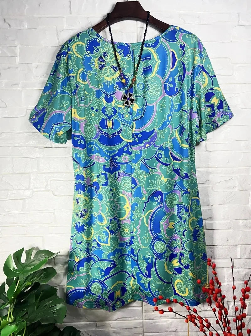Vestido peplum de talla grande: elegante vestido casual de manga corta con cuello en V, ligeramente elástico y estampado aleatorio: perfecto para primavera 
