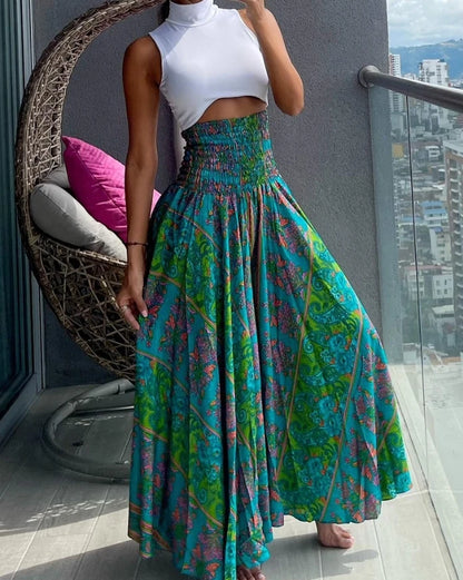 Women's Oversized Trousers 2024 Spring/Summer Latest Casual Boho Vintage Tribal Paisley Print Shirred High Waist Wide Leg Pants