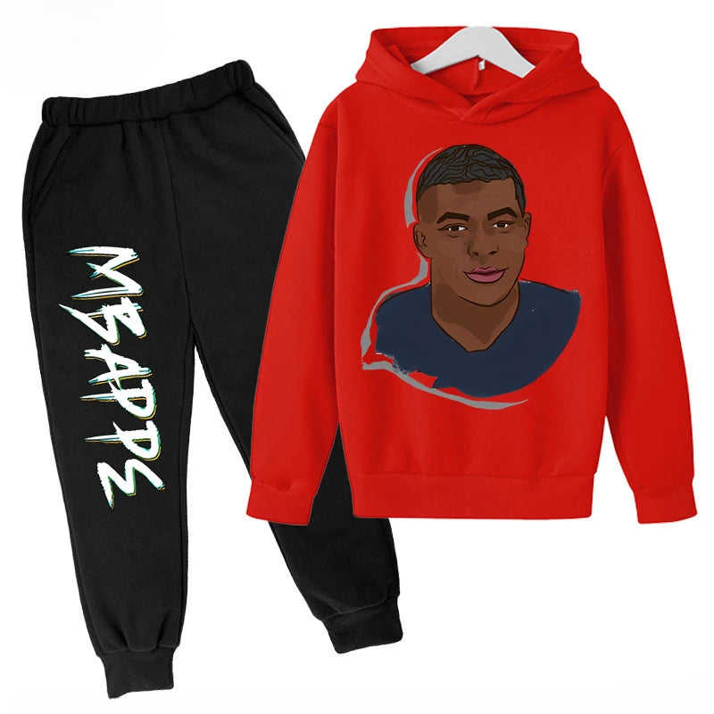 Conjunto de sudadera con capucha para niños, conjunto de sudadera y pantalones con estampado de Mbappe, ropa deportiva de 2 piezas para niños y niñas, primavera y otoño