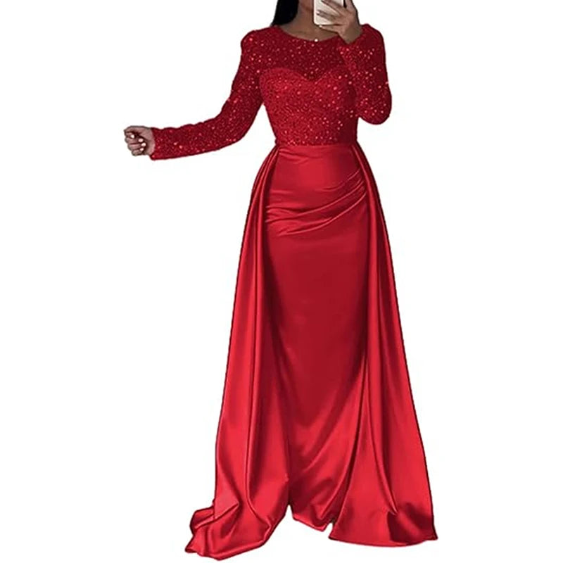Luxury Banquet Long Sleeve Sequins Evening Dress Temperament O Collar Prom Gown Chic Patchwork Slim Pleated 2025 New Year Dress