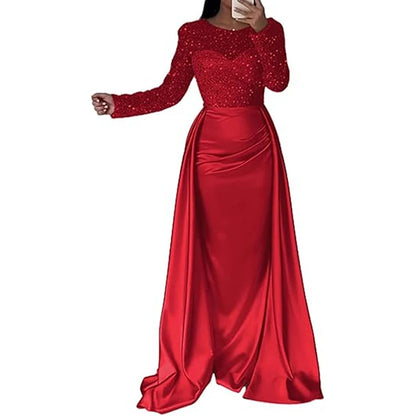 Luxury Banquet Long Sleeve Sequins Evening Dress Temperament O Collar Prom Gown Chic Patchwork Slim Pleated 2025 New Year Dress