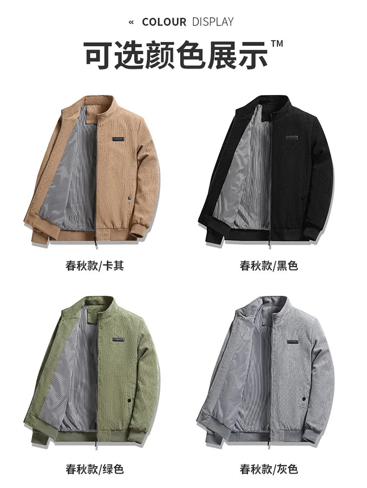 2024 Men's Casual Warm Jacket Spring Autumn Solid Color Stand Bomber Coat Men Corduroy Outwear Fashion Zipper Slim Jacket Men