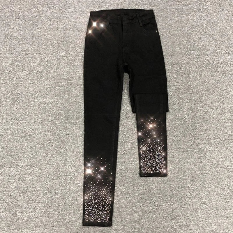 Spring Summer 2024 New Fashion Harem Denim Pants Female Rhinestones Korean Version High Waist Slim Elastic Jeans Pencil Pants