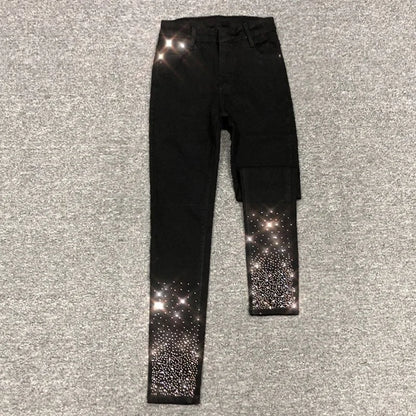 Spring Summer 2024 New Fashion Harem Denim Pants Female Rhinestones Korean Version High Waist Slim Elastic Jeans Pencil Pants