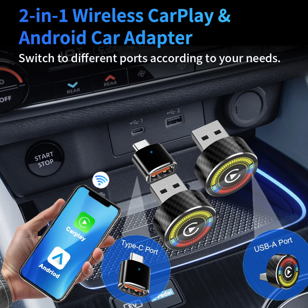 Wireless 2IN1 CarPlay Android Auto Wireless Supermini Box Adapter Plug And Play Dongle Bluetooth WiFi Fast Connect