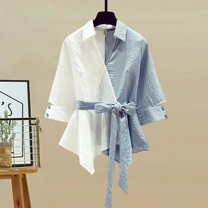 2026 Spring Summer New Korean Elegant Splicing Short Sleeved Shirt+Jeans Two Piece Suit Women Chic Top Denim Pants Matching Set