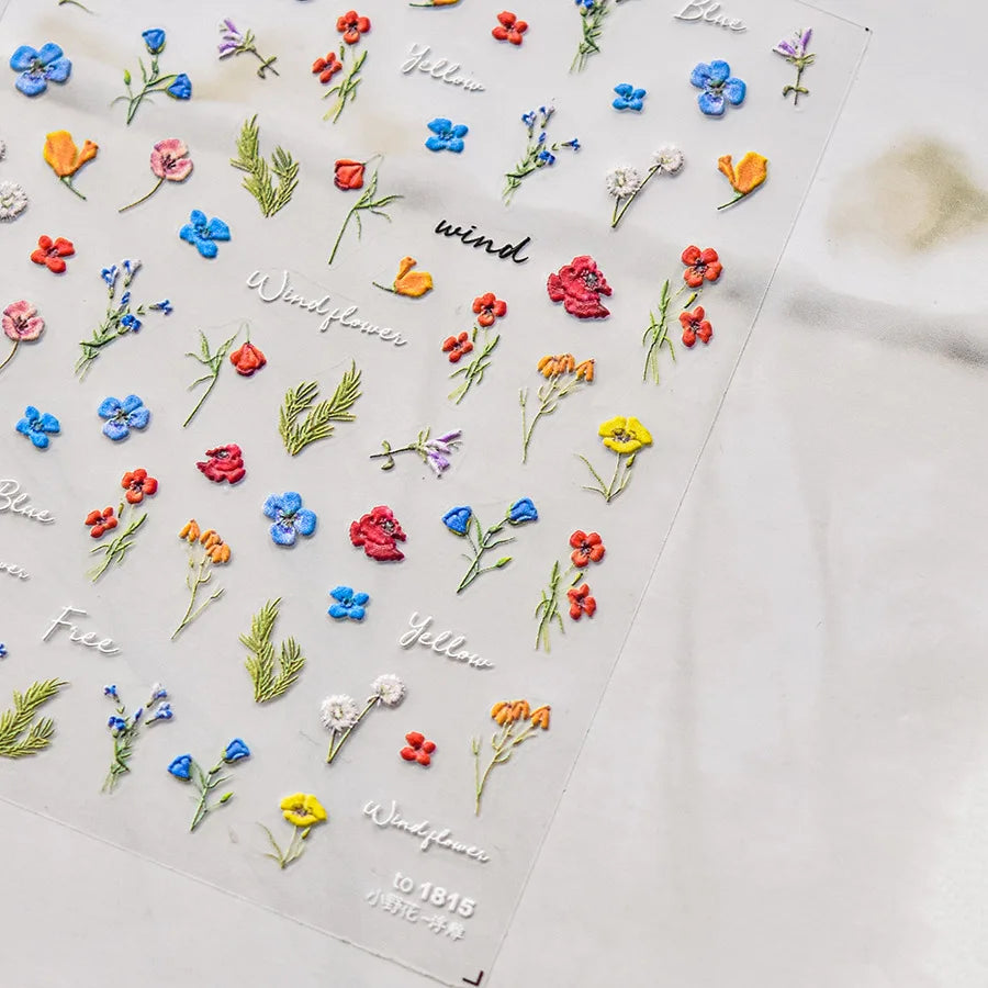 Colorful Sparkling Glass Fragment Spring Wildflowers High Quality Adhesive Flash Nail Stickers Art Decorations Design T-3784