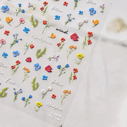 Colorful Sparkling Glass Fragment Spring Wildflowers High Quality Adhesive Flash Nail Stickers Art Decorations Design T-3784