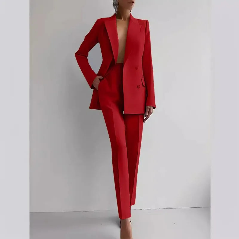Conjunto de 2 piezas de ropa para mujer, chaqueta blazer de manga larga de color liso, pantalones largos de cintura alta, traje de verano, moda de oficina